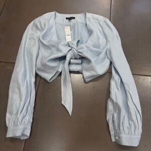 NWT JCREW Blue linen tie-front crop top long sleeve